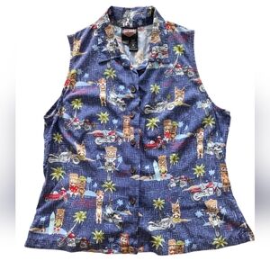Harley-Davidson Hawaii Tiki Sleeveless Shirt Blue Moto Women M Tori Richard Y2K